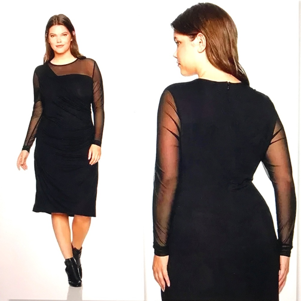 REBEL WILSON Wrap Midi Dress with Ruching and Mesh Black Women’s Plus Size 3X